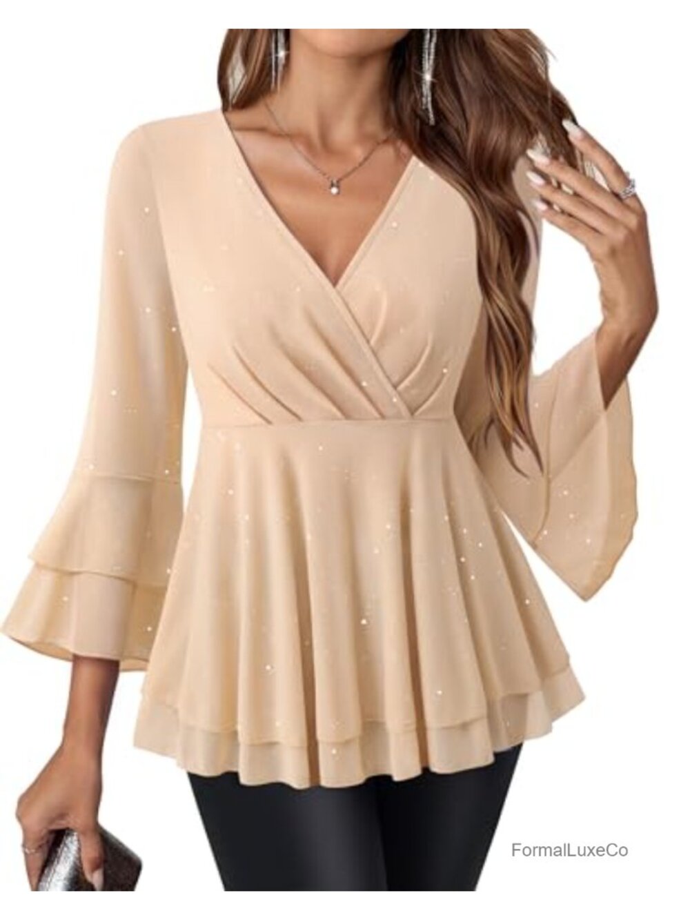 Women's Dressy Peplum Blouse Ruffle 3/4 Sleeve Sparkly Mesh Top